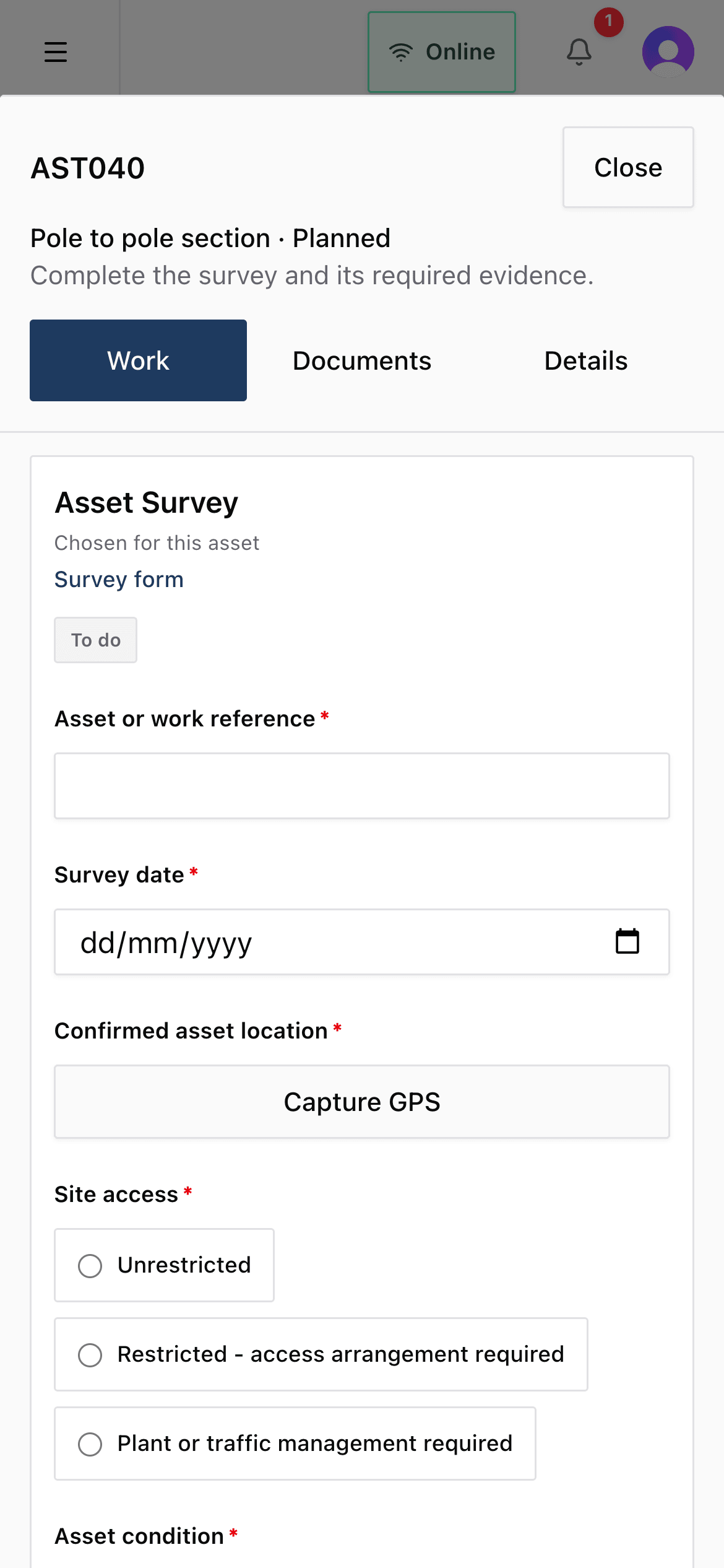 A survey form open on an asset in the field app, with GPS capture and site access questions