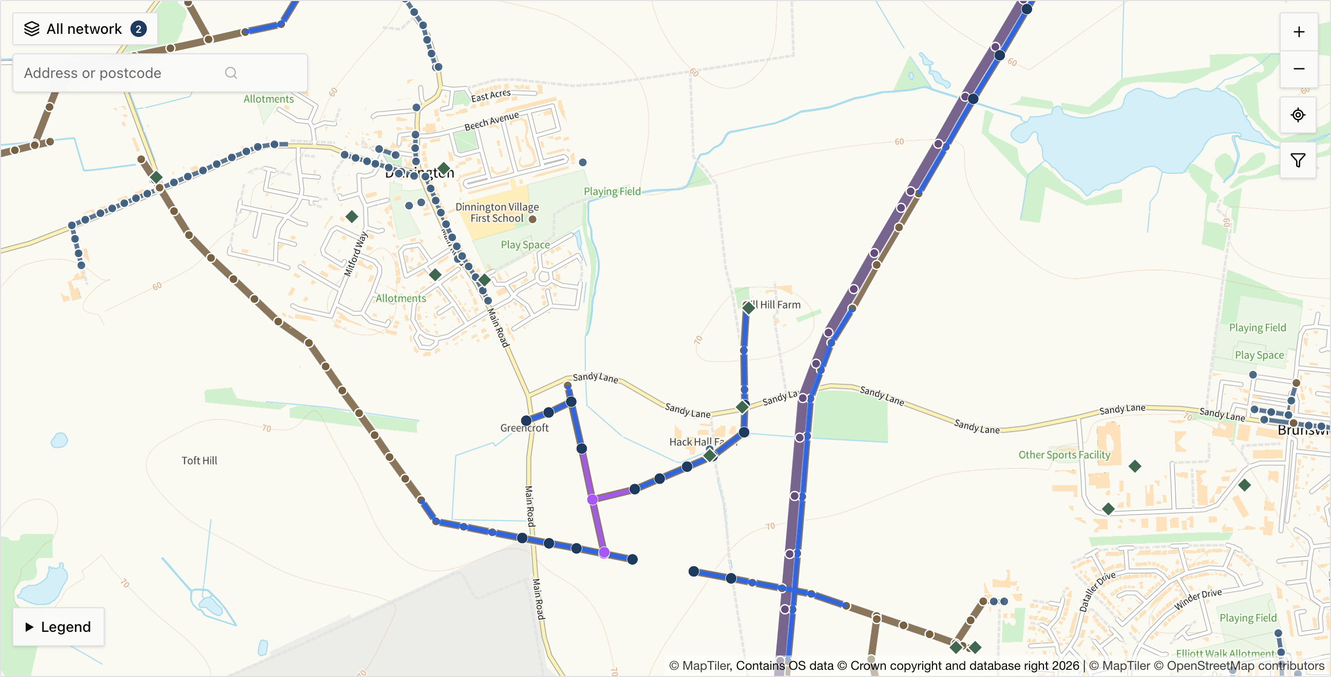 A contract map at street level: low, high and extra high voltage overhead lines with their poles and substations, and Siteproof's pole-to-pole spans drawn over them