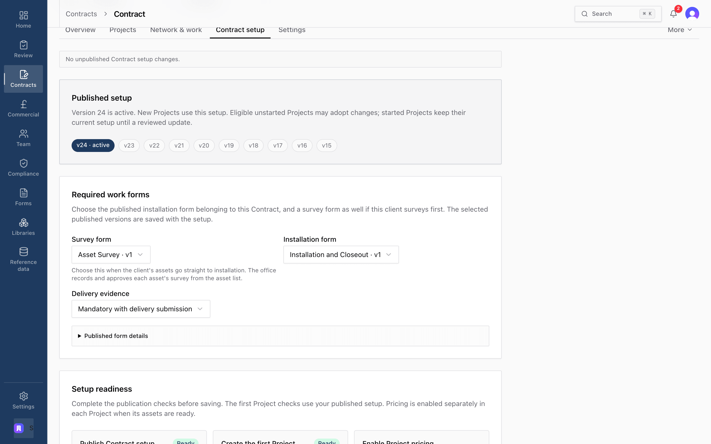 Contract setup with published versions: new Projects use the active version, started Projects keep theirs