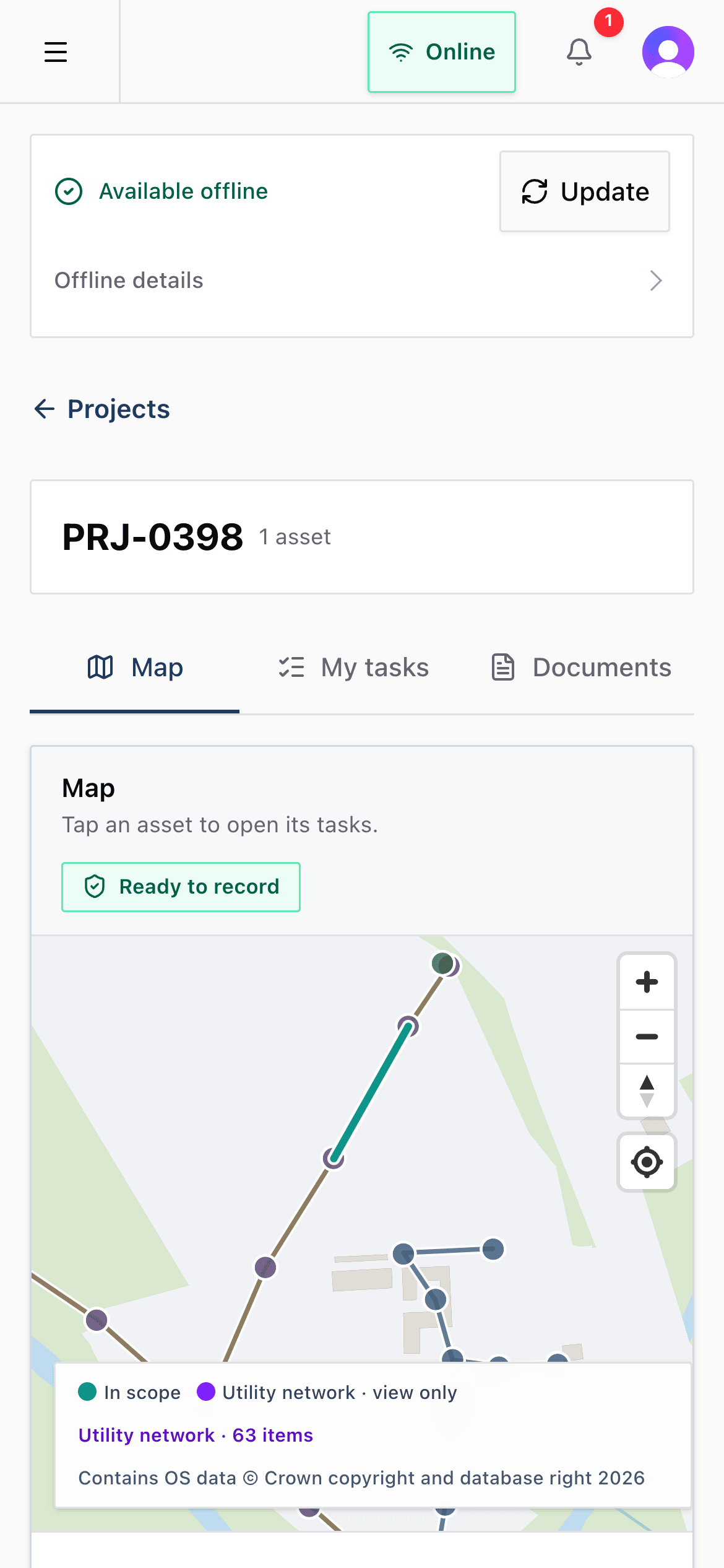 The field app on a phone: a downloaded Project marked available offline, with its map