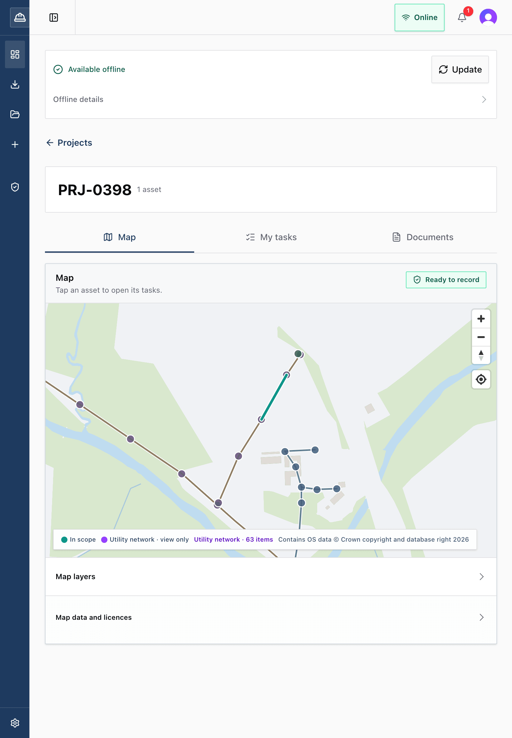 The field app on an iPad: a downloaded Project and its map, ready to record