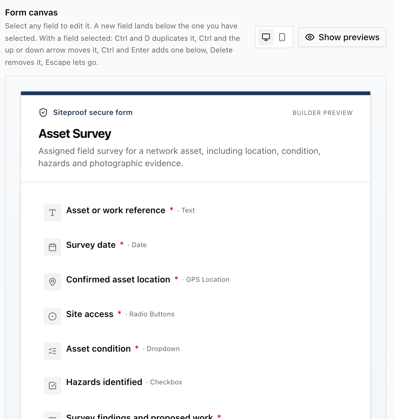 The form builder editing a survey form with GPS location, condition, hazards and photo fields