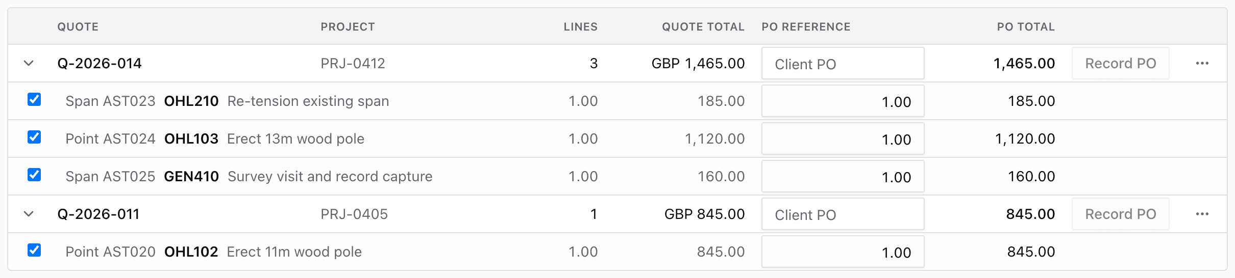 Pricing and POs: quotes built from contract rate codes, waiting for the client's purchase order